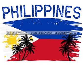 Philippines Flag Colors Palm Trees Country Red Blue Earth People Island Stars Nation Islands Graphic SVG PNG JPG Cutting Files Print Design