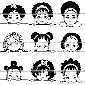Peek a Boo Bundle SVG Peeking Girls Baby Afro Hair African American Kids Child SVG PNG Jpg Clipart Vector Designs Silhouette Cricut Cutting