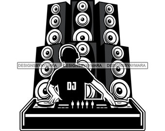 Dj Set Up Speakers Festival Musical Modern Urban Pop Fun Music Illustration B/W SVG PNG JPG Clipart Vector Designs Silhouette Cricut Cutting
