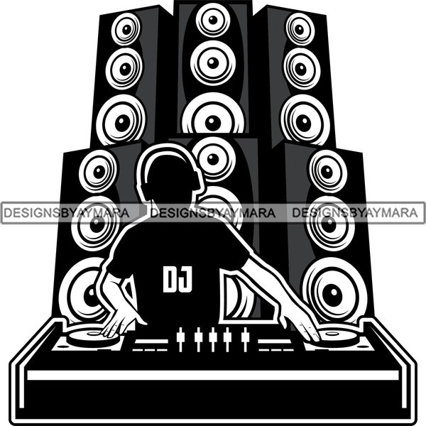 Dj Set Up Speakers Festival Musical Modern Urban Pop Fun Music Illustration B/W SVG PNG JPG Clipart Vector Designs Silhouette Cricut Cutting