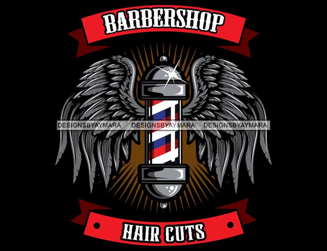 Barber Pole Haircut Logo Wings Feather Crown Red Banner Men