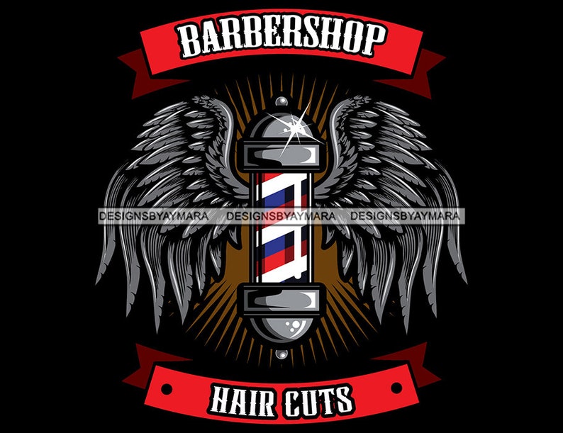 Barber Pole Haircut Logo Wings Feather Crown Red Etsy