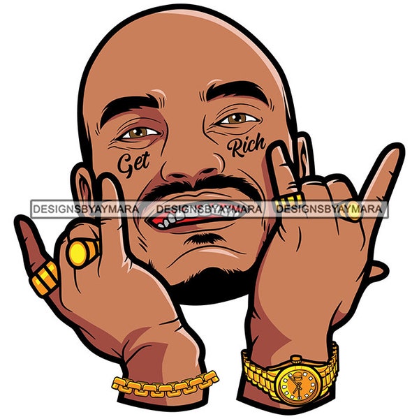 Get Rich Schwarz Gangster Mann Schnurrbart Glatze Zeichen Ringe Armbänder Bart Kopf Hände Grill Farbe Grafik SVG PNG JPG Schneidedateien Print Design