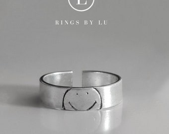 Personalized Engraved smiley Ring – adjustable Custom Ring, Minimalist Gold or Silver Ring, Custom Jewelry Gift happy ring