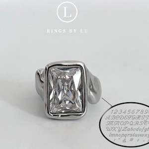 Anillo llamativo y personalizado de acero inoxidable, anillo grabado, anillo con nombre personalizado, resistente al agua, anillo con piedra rectangular, regalo para ella.