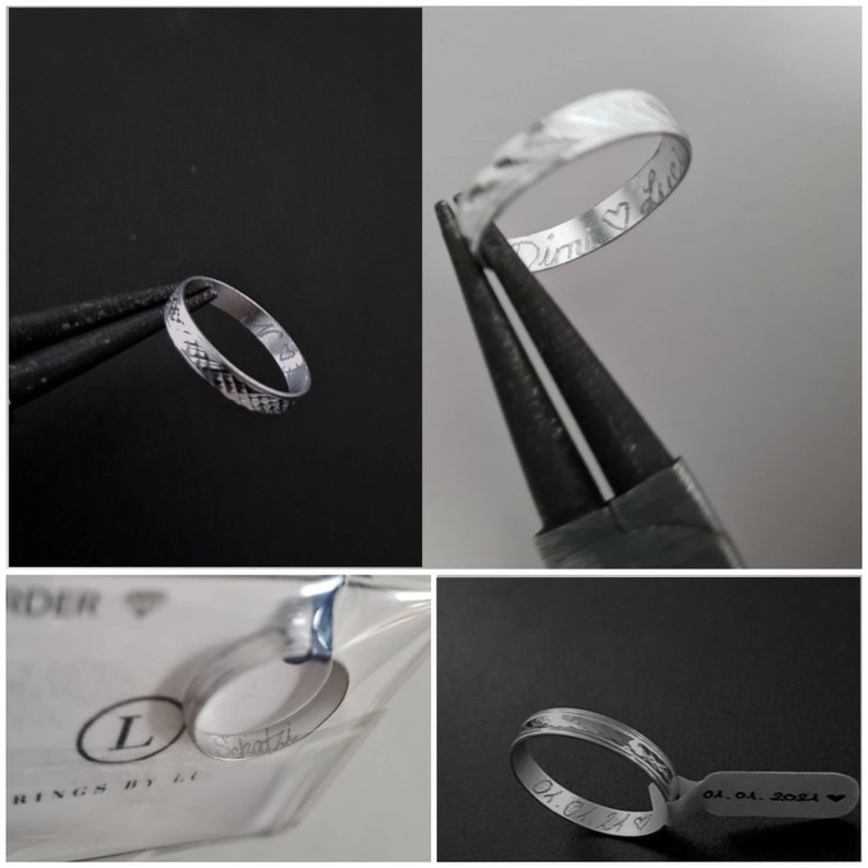 Puede incluir: Un anillo de plata con una banda texturizada y una inscripci&oacute;n que dice "Dim &hearts; Lu" en el interior. El anillo est&aacute; siendo sujetado por un par de alicates.