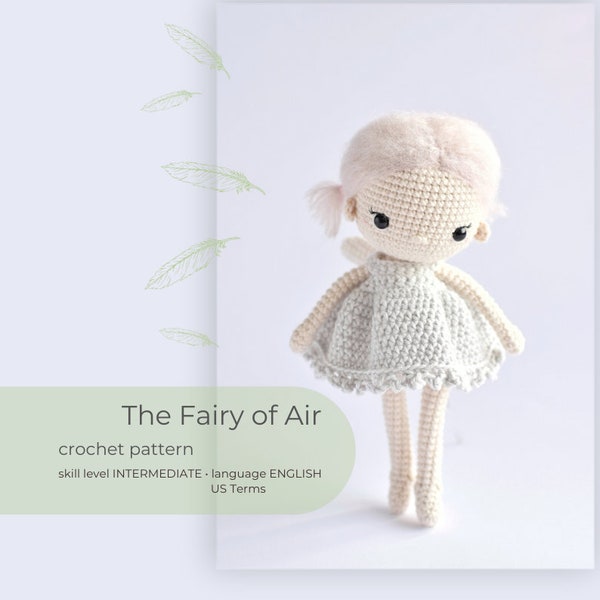 La Fée de l'Air de la collection "Elemental Fairies", patron de poupée Amigurumi au crochet, cadeau fait main pour les filles, personnage de conte de fées