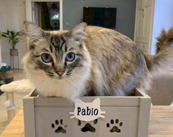 Caja de juguetes personalizada / Caja para gatos / Caja de regalo / Caja / Golosina para gatos / Regalo para gato / Caja de madera / Hecho a mano / Cesta para mascotas / Caja gris / Mascotas / Gatos