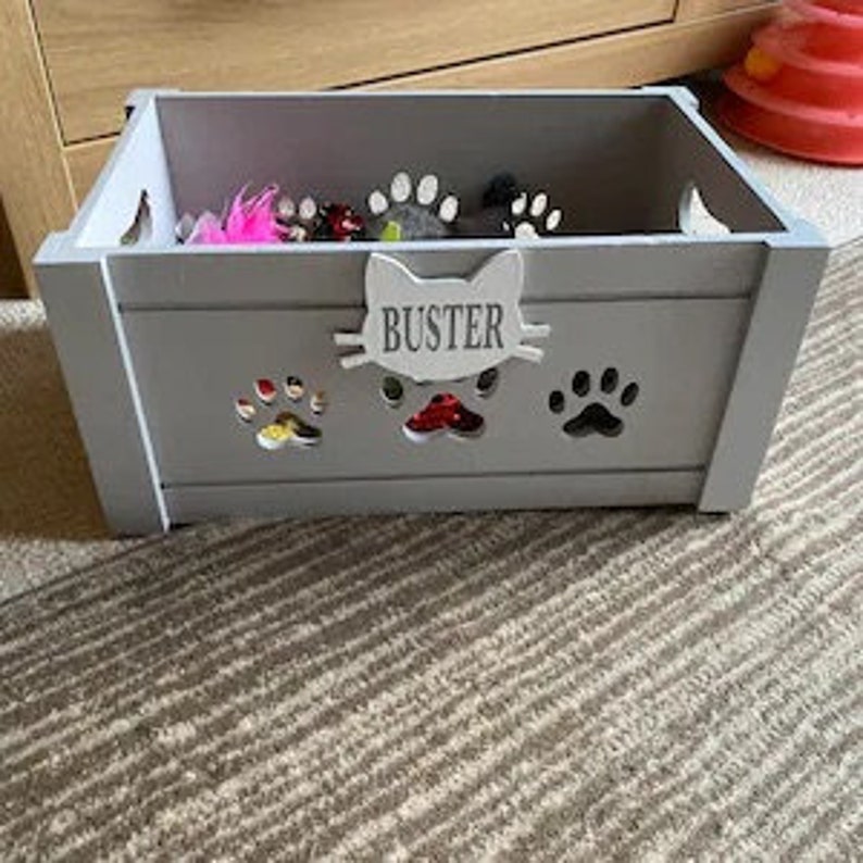 Personalised toy box Cat box Gift box Crate Cat treat Gift for cat Wooden box Hand made Pet hamper Grey box Pets Cats image 5