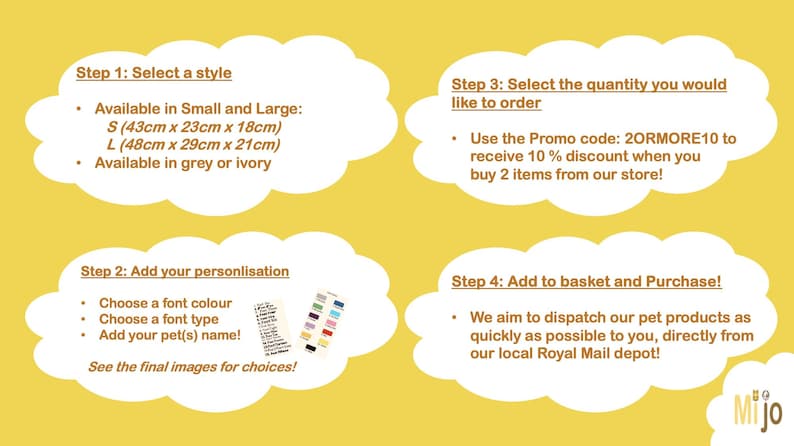 May include: A yellow instructional graphic with four white cloud-shaped text boxes. Step 1 lists sizes S (43cm x 23cm x 18cm) and L (48cm x 29cm x 21cm) in grey or ivory. Step 2 covers personalisation. Step 3 mentions a promo code. Step 4 details ordering.