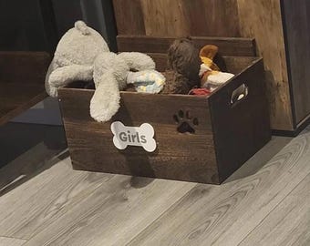 Personalised Wooden Dog Toy Box with Lid, Paw Print Pet Storage