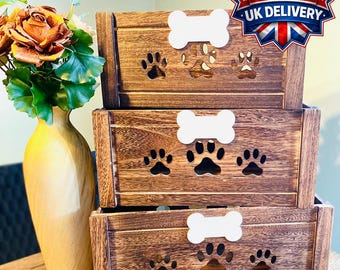 Caja de juguetes de madera personalizada para perros / Cesta de almacenamiento para mascotas hecha a mano