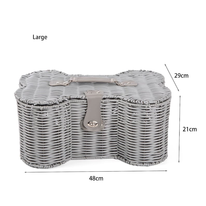 May include: A large grey woven basket shaped like a dog bone with a grey handle and a metal turn-lock closure. The basket features dimensions of 48cm in width, 29cm in depth, and 21cm in height as indicated by the text and arrows in the image.