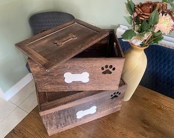 Personalised Wooden Dog Toy Box with Lid, Paw Print Pet Storage