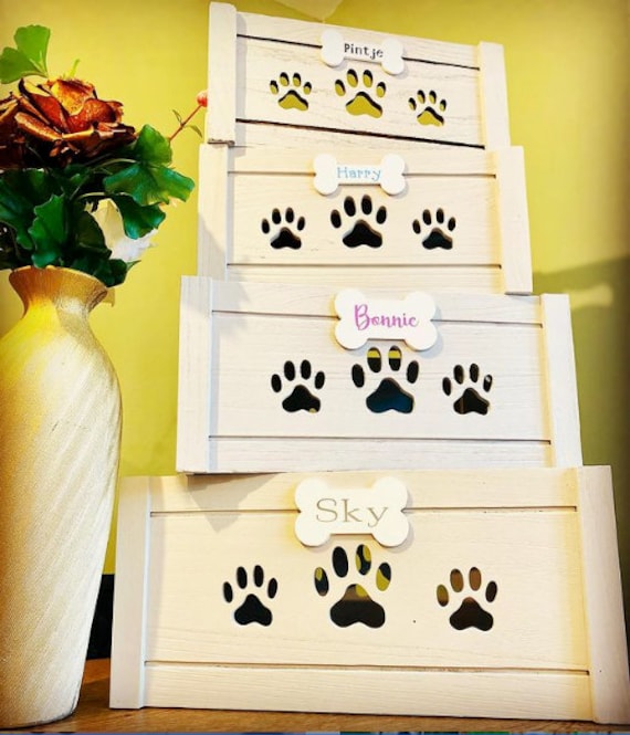 coffre à jouets personnalisé | boîte pour chien coffret cadeau caisse friandise cadeaux chiens grise en bois fait main panier animaux de