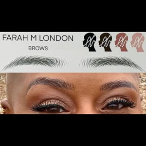 May include: The image shows the text "FARAH M LONDON BROWS" above eyebrow stencils. Below, a close-up of eyes with expertly applied makeup, including defined eyebrows and long eyelashes. The image also shows four head silhouettes.