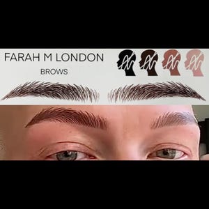 May include: The image features the text "FARAH M LONDON BROWS" above a pair of meticulously groomed eyebrows. The image also shows a person's eyes and eyebrows, with a sample of different eyebrow styles.