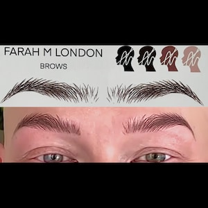 May include: Image features the text "FARAH M LONDON BROWS" above a pair of drawn eyebrows and a close-up of a person's eyes with groomed eyebrows. The image also includes four silhouette profiles with eyebrow designs.