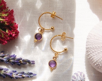 "Antoinette" earrings / stainless steel hoops with amethyst stone charm / Valentine's Day gift idea