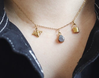 Julie necklace / Stainless steel chain choker necklace / Charm necklace / labradorite / Mother's Day gift idea