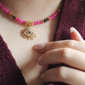 Rosa Steinhalskette und Augenanhänger / Geschenkidee zum Muttertag