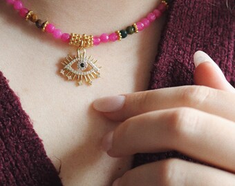 Pink stone necklace and eye pendant / Mother&#39;s Day gift idea