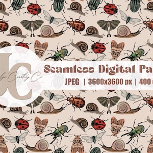 Bugs seamless repeating pattern, ladybug, moth, beetle, snail artwork, vintage style seamless file, wallpaper art