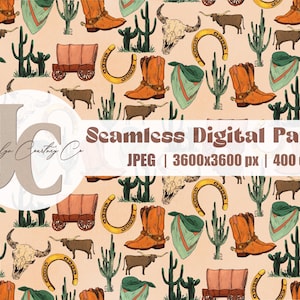 Warm western seamless repeating pattern, cactus, cowboy, boots, repeating digital paper