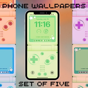 May include: A set of five phone wallpapers featuring a retro gaming console design. The wallpapers are in pastel colors and feature a green, blue, pink, and peach color scheme. The wallpapers include a clock, buttons, and the text "Gamer Girl".