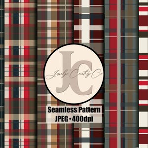 May include: A collection of seamless plaid patterns in shades of red, beige, brown, and navy blue. The image includes the text "Seamless Pattern" and "JPEG - 400dpi" with a circular logo.