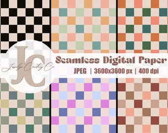 Op de afbeelding: Een set van 6 digitale papierpatronen met verschillende ruitpatronen. De patronen omvatten zwart en wit, groen en beige, blauw en roze en bruin en beige. Elk patroon is naadloos en kan worden gebruikt voor een verscheidenheid aan projecten.