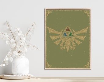 Tears of the Kingdom Art Print, Legend of Zelda Art Poster, Fine Line Art Print, Cardstock Wall Art, Triforce Poster, Sage Gold Wall Art