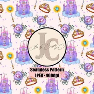 May include: A seamless pattern featuring a repeating design of a purple castle on a cloud, a gold crown, a magic wand, and a carriage. The pattern is set against a light pink background with small purple dots. The text "Seamless Pattern" is included.