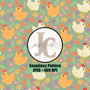 May include: A seamless pattern featuring repeating illustrations of cream and orange chickens interspersed with small yellow, orange, and pink flowers and green leaves on a sage green background. A central circular logo reads Jessalyn Courtney Co.