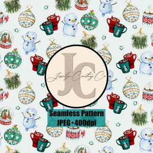 Kerst aquarel traditioneel naadloos patroon: sneeuwpop, ornamenten, warme cacao, rood, groen (digitaal papier)