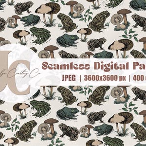 Grenouilles et crapauds, fichier transparent champignon, oeuvre d'art vintage, motif cottage, vert et beige, motif de papier peint