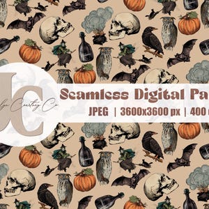May include: A seamless digital paper pattern featuring a beige background with repeating illustrations of skulls, ravens, bats, pumpkins, owls, potion bottles, and witches. The text "Seamless Digital Paper" is displayed in brown text at the top of the image. The text "JPEG | 3600x3600 px | 400 dpi" is displayed in brown text below the first text.