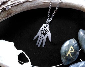 Hand of protection necklace , Goth necklace, Pagan necklace,  Witch necklace, Steel pendant, Gift for witch, Gift for goth