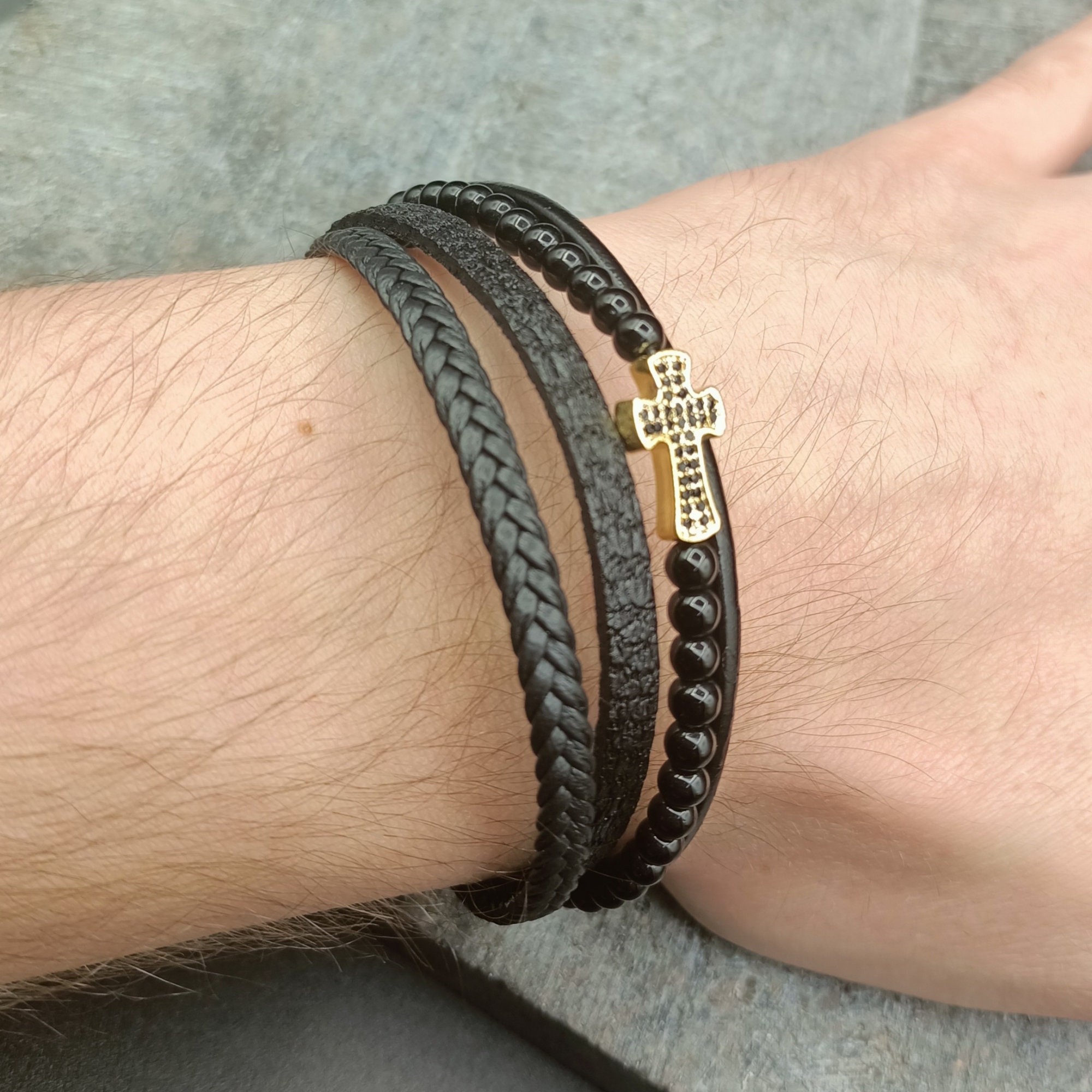 Men's Bracelet, Men's Black Leather Bracelet, Cross Zircon Stone Men's Bracelet Etsy