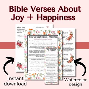 Może przedstawiać: Cyfrowe pobieranie zawierające wersety biblijne o radości i szczęściu. Projekt zawiera kwiatowe akcenty akwarelowe i tekst "Bible Verses About Joy + Happiness". Pobieranie zawiera wiele stron i zakładkę.