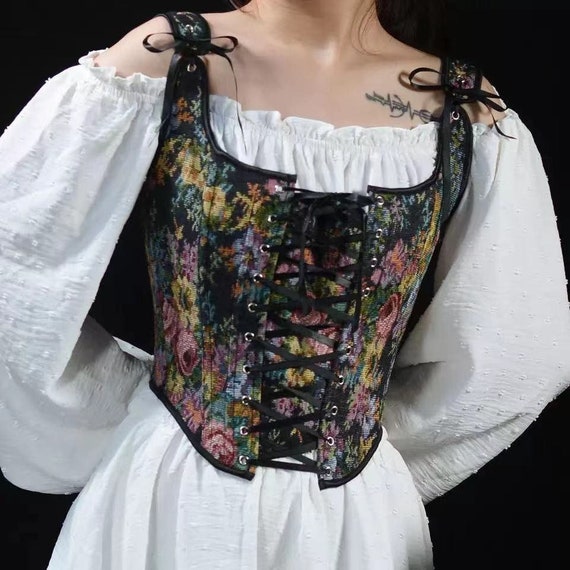 Flower Print Corset Top/ Renaissance Overbust Corset/ Black Etsy