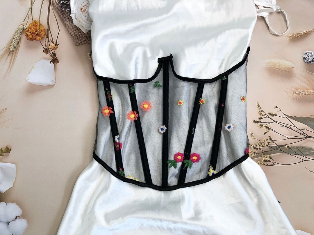 Flower Embroidery Corset Belt/ 25cm Mesh Underbust Corset/ Etsy