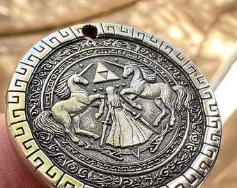 Zelda warrior unicorn pendant with customizable text on the back.