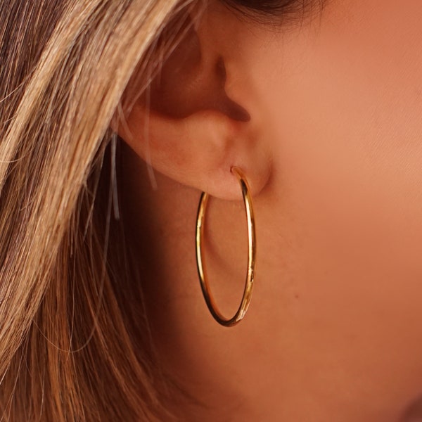 HOOPS EARRINGS 1.5" 2MM, Stainless Steel Gold Plated, Big Hoops, Endless Circle, Hoops, Earrings, Jewelry, Gift For Her, Dainty, Delicate