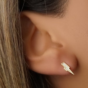 Lightning Bolt Earrings, Lightning Earrings, Bolt Stud Earrings, Sterlign Silver Gold Plated, Tiny Earrings, Zirconia Earrings