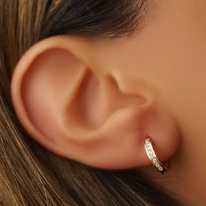 Aria Huggie Hoop Earrings, Sterling Silver Gold Plated, Hoop Earrings, Second Hole Hoop Earrings, Cartilage Hoop, Pave Ring Hoop, Helix Hoop