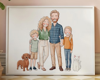 Individuelles Portrait vom Foto - Handgezeichnetes personalisiertes Familienportrait mit Haustier - Aquarell Familienportrait mit Haustier - Familienkunst - Printable