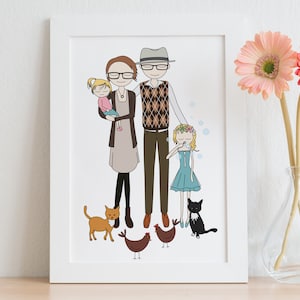 Retrato personalizado, ilustración familiar, retrato familiar, retrato de mascotas, retrato de dibujos animados, retrato personalizado, dibujo familiar, arte de pared