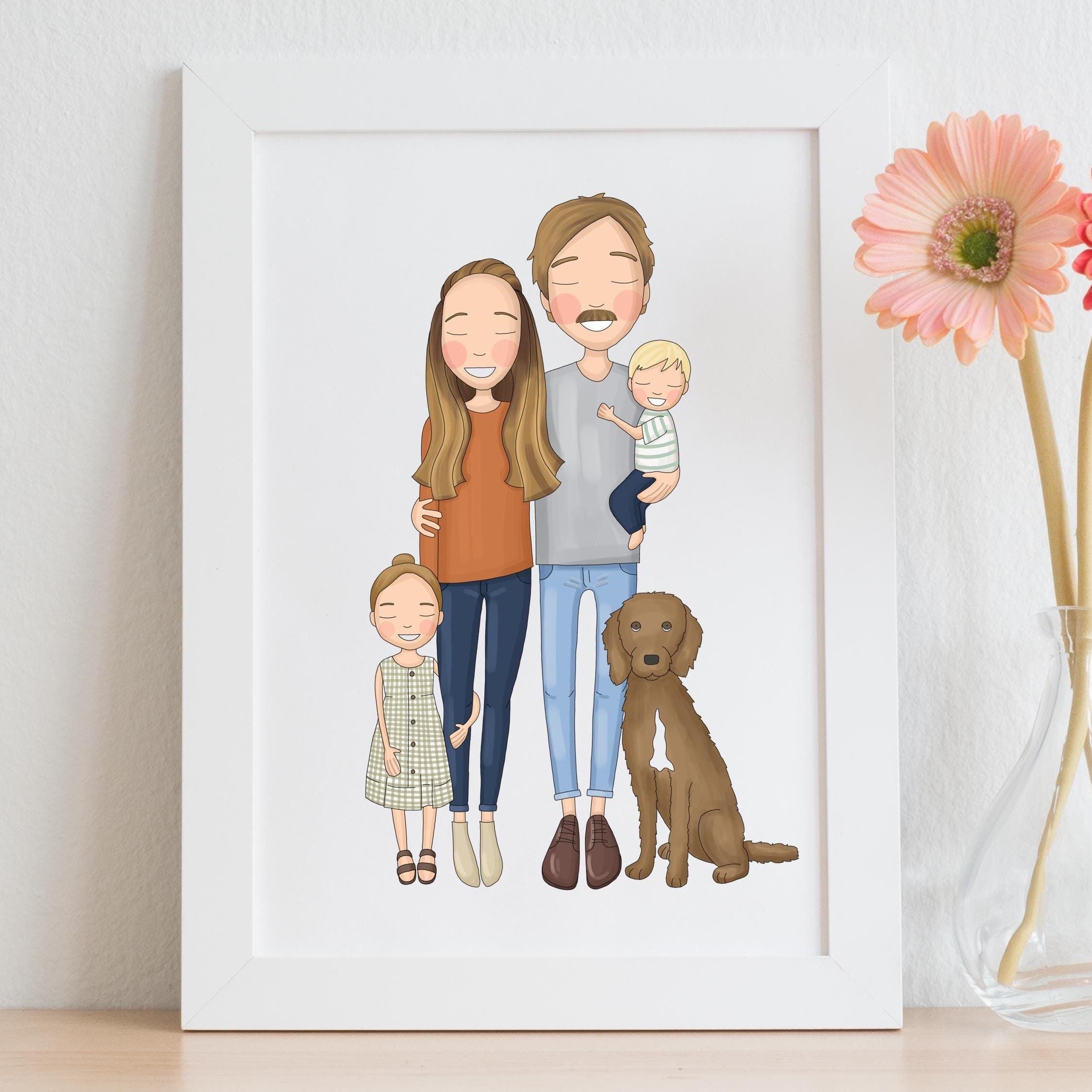 Custom Family Portrait Illustration: Personalized Cartoon Drawing (Digital Printable 12x16 inches)