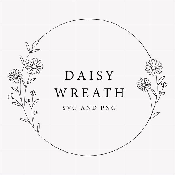 Basic Daisy Wreath Clipart, Daisy wreath svg and png, Floral Frame, Floral Wreath, Wildflower svg, flower wreath, black and white, Botanical